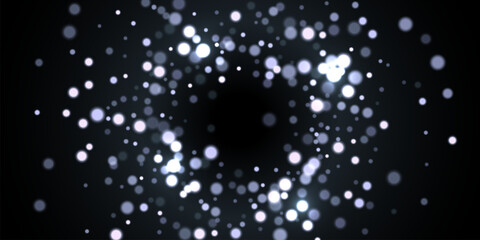 Silver light background with bokeh effect. White glittering lights on black background. Festive holiday shiny luxury backdrop. Abstract vector illustration.