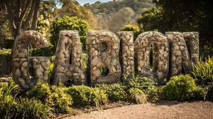 Gabion stone structure in garden surrounded by greenery  