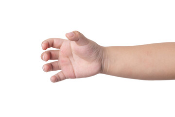 kid hand holding something like a bottle on white background
