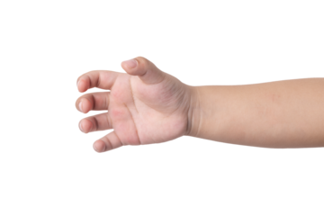 kid hand holding something like a bottle on white background