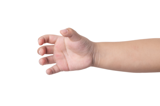 kid hand holding something like a bottle on white background