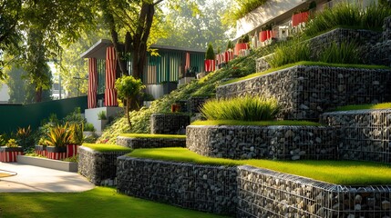 Obraz premium Modern outdoor garden landscape with stone terraces and greenery 