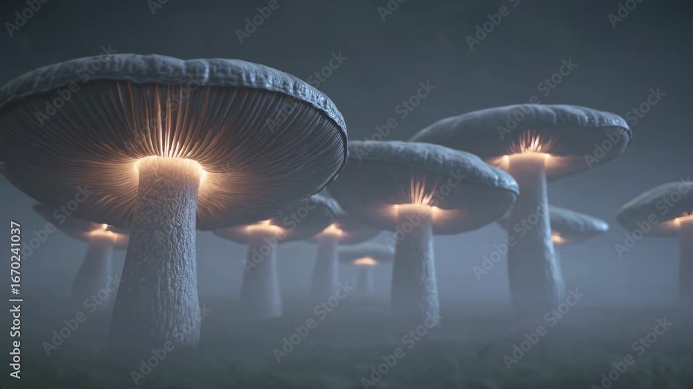 Poster magical scene of glowing mushrooms illuminated in foggy atmosphere, creating an enchanting and mysti