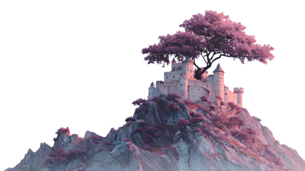 Fantasy castle perched atop pink-and-white mountain peak with surreal tree