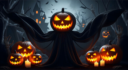 Halloween pumpkins spooky scene jack o lanterns haunted house creepy dark night