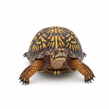 An adult turtle crawls forward with its neck extended, showing off its patterned shell and scaly legs