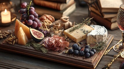 Cheese board with charcuterie and wine a gourmet appetizer for a fancy party or gathering event food photography