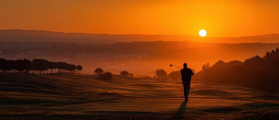 Silhouette Of Golfer At Sunrise Over Cityscape