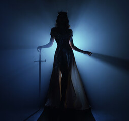 art photo real person fashion model posing, dark silhouette fantasy elf woman queen holds sword in...