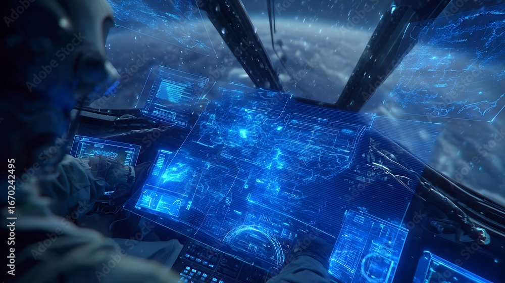 Poster futuristic cockpit sci fi spaceship pilot interface technology space travel navigation control panel