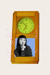 Trendy banner 3d poster image photo collage of minded korean girl peek watch show shh gesture...
