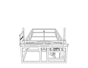 Sugarcane Loader Lifter Machine Wireframe Blueprint. Technical Drawing of Agricultural Heavy Equipment for Transporting Crop to Truck. Industrial Automation and Modern Farm Technology Outline PNG
