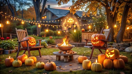 Cozy backyard halloween gathering with fire pit and pumpkins