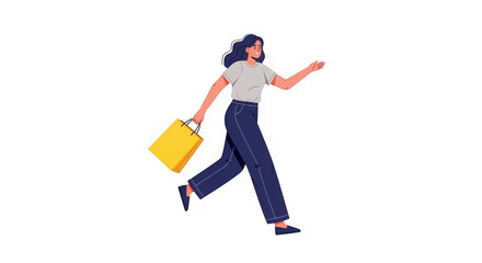 Flat illustration of woman with shopping bag running isolated on transparent background
