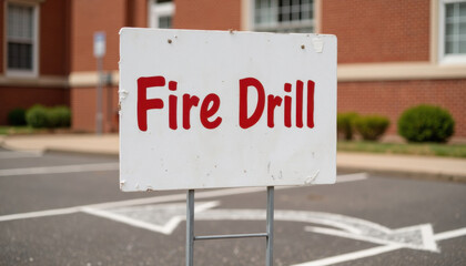 Fire drill sign displayed outside building on pavement  
