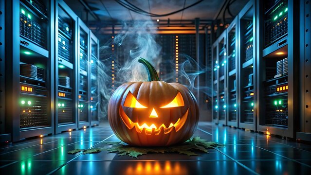 Jackolantern in a server room with glowing lights