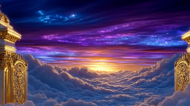 A divine view of heavens golden gates above a sea of clouds and a magical starry sky, an ideal spiritual background video.