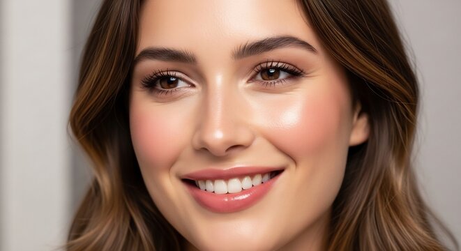 Portrait of a smiling young woman with brown hair and brown eyes makeup - Powered by Adobe