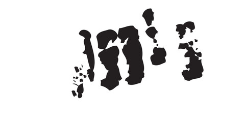 
Expressive ink stroke in high contrast black and white. The dense black mass dominates the left while irregular textures scatter across the right, blending raw power with delicate fragmentation. 