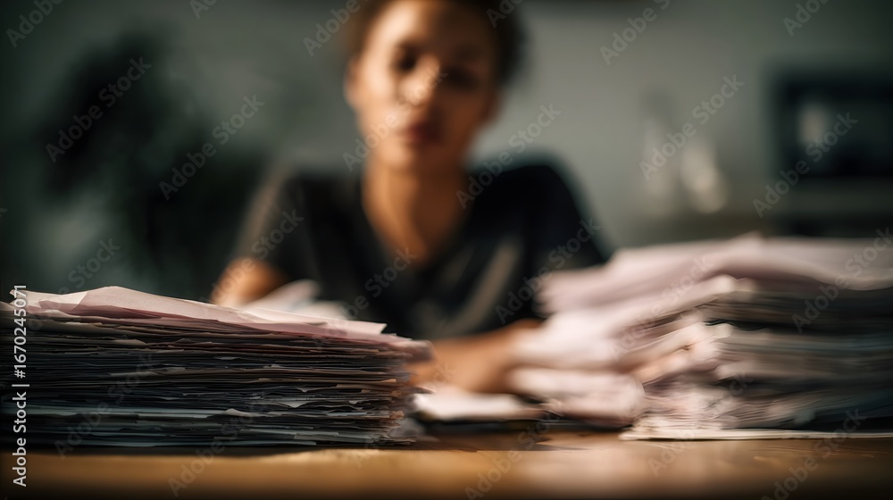Poster overwhelmed employee sorting through cluttered desk of documents