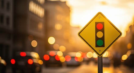 Traffic light warning sign in a city at sunset, with colorful bokeh in the background, and golden hour lighting.
