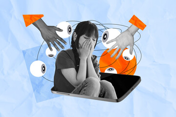 Poster trend collage image of sad it-specialist girl peek phone screen hacking eyeball spyware...