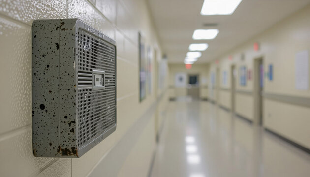 Wall-mounted intercom system in hospital corridor with lights
