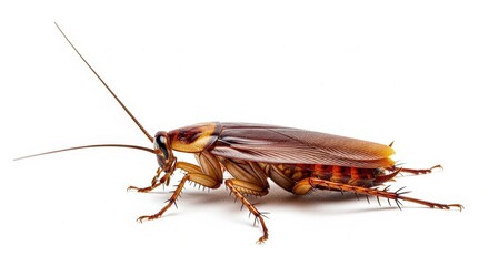 Detailed studio shot of a cockroach, showcasing its intricate anatomy against a white backdrop.