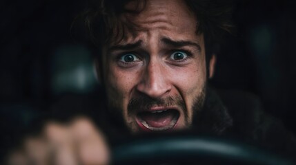 Fototapeta premium Man experiences intense fear or panic while driving a car