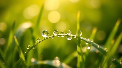 Morning dew glistens on tender grass blades, capturing the freshness of a spring day.
