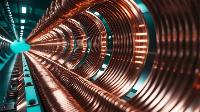 Shiny copper coils inside industrial tunnel structure with metallic engineering design showcasing energy transmission and advanced technology