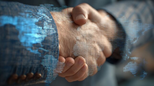 Global business partnership handshake agreement international cooperation technology concept