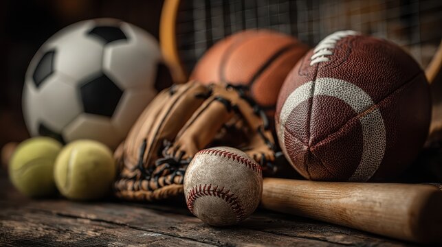 Assorted sports equipment on wooden table with balls and gear. Concept of sports variety, training, teamwork, and leisure activity. Static display, nostalgic rustic mood. Selective focus