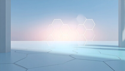 Obraz premium Abstract Hexagon Molecular Structure in a Modern Blue and White Interior Space