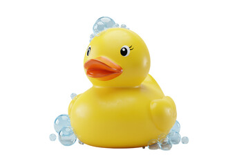 Isolated Cute yellow rubber duck with bubbles adorable for children's bath time fun