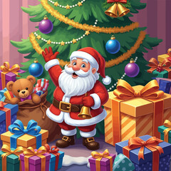 Festive Santa Claus Surrounded by Presents Under a Decorated Christmas Tree