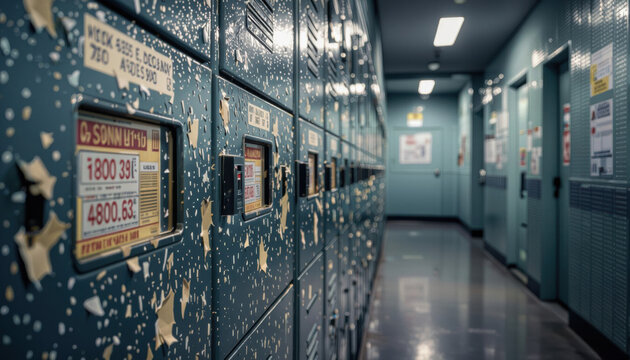 Abandoned lockers in hallway with peeling paint and fluorescent lights  