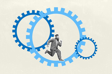 Poster image artwork pop collage of happy businessman run gearwheel icon development career purpose...