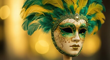 Ornate venetian masquerade mask with green and yellow feathers