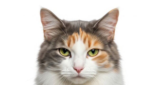 A gorgeous calico cat with captivating green eyes stares intently. - Powered by Adobe