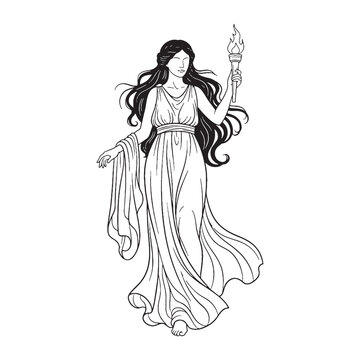 Celestial Nyx Line Art &ndash; Nyx Vector Outline Drawing with Refined Divine Details &ndash; Nyx Drawing &ndash; Vector of Nyx &ndash; Nyx Outline &ndash; Greek Goddess Silhouette