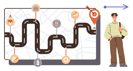 Winding road on a map with goal markers, clipboard, rocket, trophy, and gear student holding backpack. Ideal for career planning, education, personal growth, goal setting strategy motivation