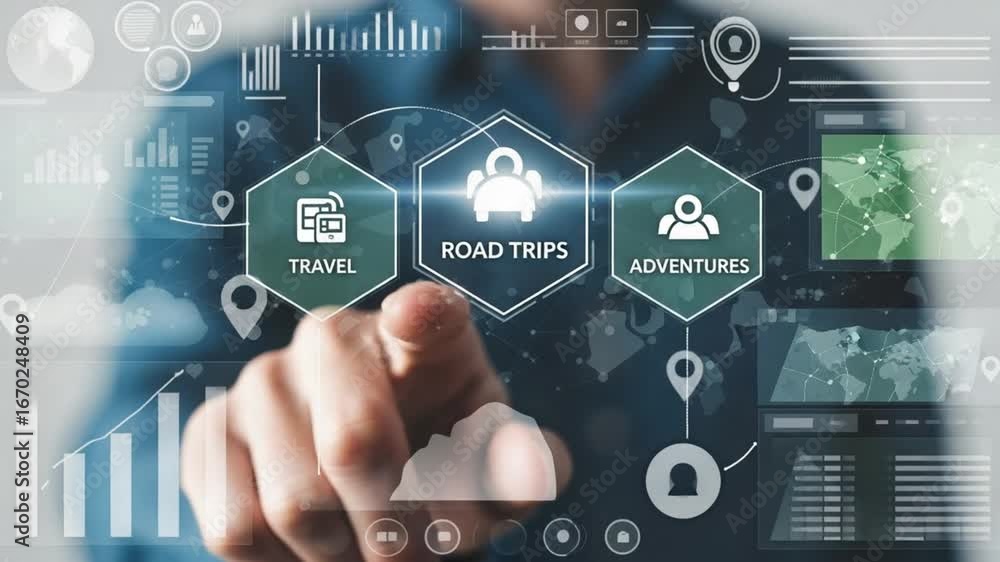 Poster a person selecting road trips option on a digital interface with travel and adventures icons display