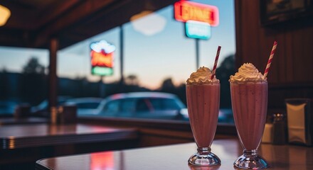 Two milkshakes in a retro diner at dusk