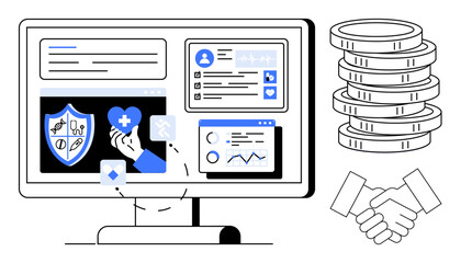 Computer screen displays health insurance interface, analytics, and user data. Stacked coins and handshake symbolize investment, agreements, finance, healthcare collaboration, and digital management