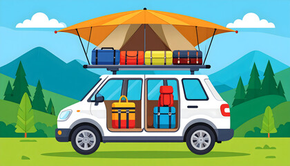 White Van Packed for Camping Trip in Mountain Landscape