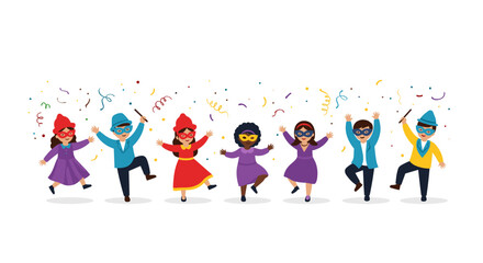 Fototapeta premium Kids joyfully celebrate carnival wearing masks and costumes with confetti falling all around them
