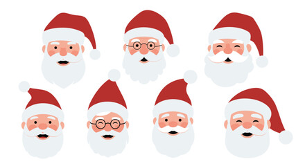 Cheerful Santa Claus faces with happy expressions for holiday designs and festive Christmas promotions