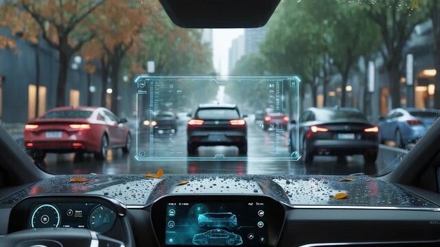 High tech car dashboard interior showing digital display and augmented navigation interface while driving on rainy urban street with traffic