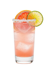 Vibrant Paloma cocktail in a crystal-clear highball glass, glistening salt rim, pale pink liquid, ice, grapefruit, and lime garnish, on reflective surface, white background, inviting refreshment